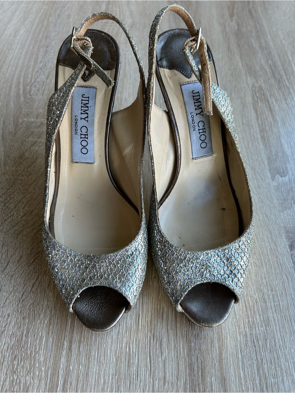Jimmy Choo Metallic Gold Glitter Peep-Toe Slingback Heels